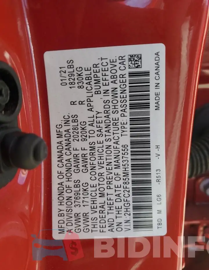 2HGFC2F85MH537556 Photo# 12