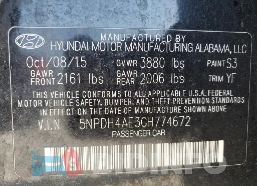 5NPDH4AE3GH774672 Photo# 12