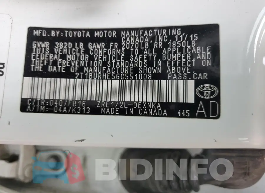 2T1BURHE5GC551008 Photo# 13