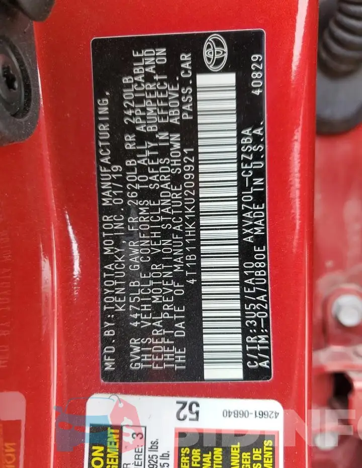 4T1B11HK1KU209921 Photo# 12