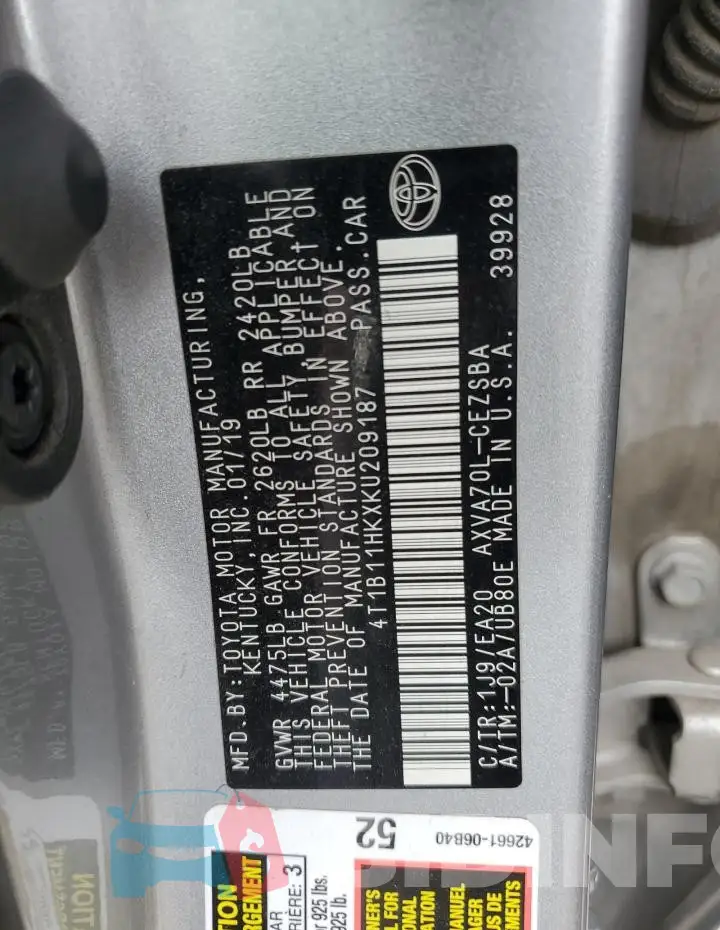 4T1B11HKXKU209187 Photo# 12