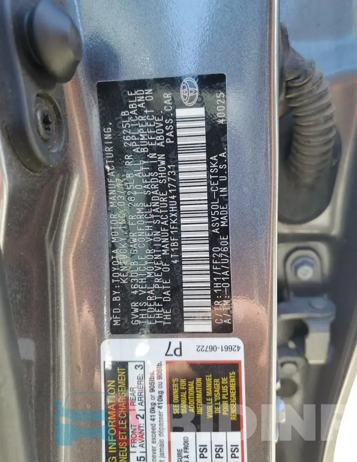 4T1BF1FKXHU417731 Photo# 12