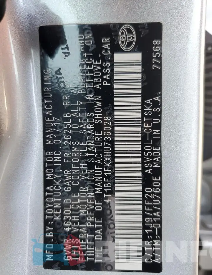 4T1BF1FKXHU736028 Photo# 13
