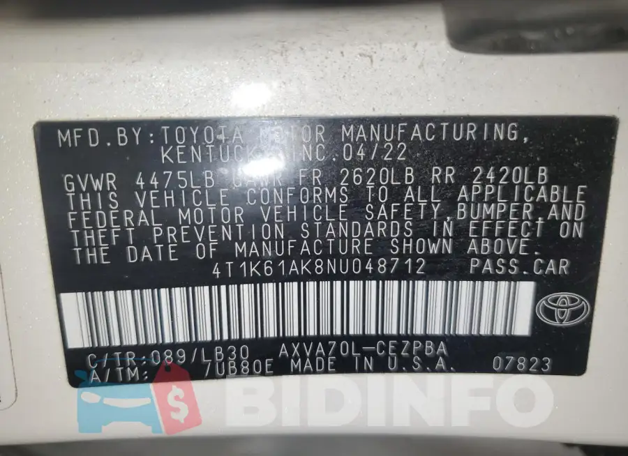4T1K61AK8NU048712 Photo# 12