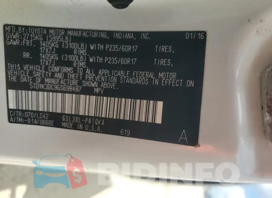 5TDYK3DC9GS698487 Photo# 14