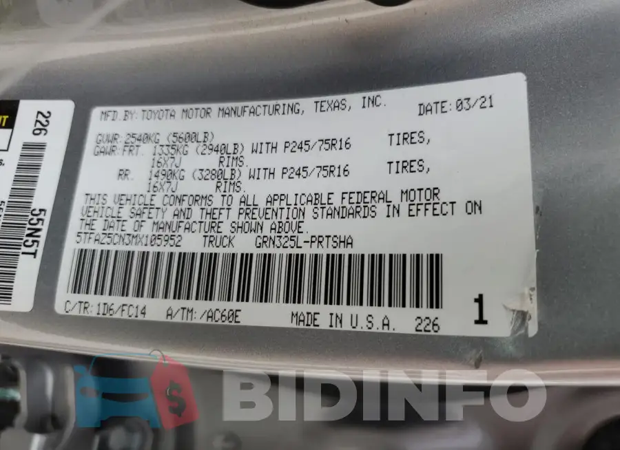 5TFAZ5CN3MX105952 Photo# 12