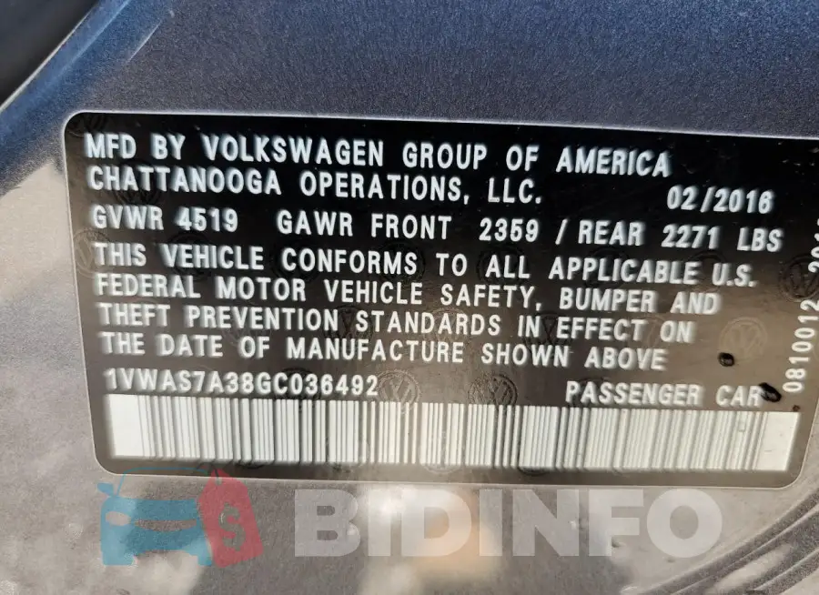 1VWAS7A38GC036492 Photo# 13