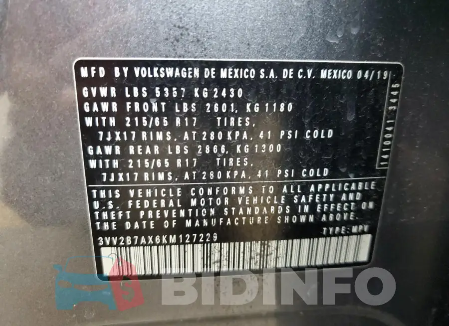3VV2B7AX6KM127229 Photo# 12