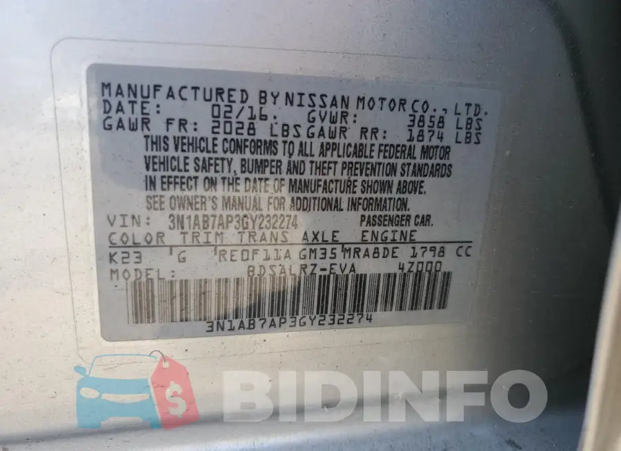 3N1AB7AP3GY232274 Photo# 12