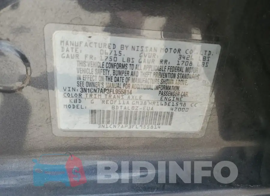 3N1CN7AP3FL955814 Photo# 12