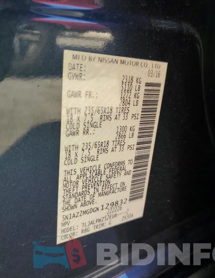 5N1AZ2MG0GN129832 Photo# 14