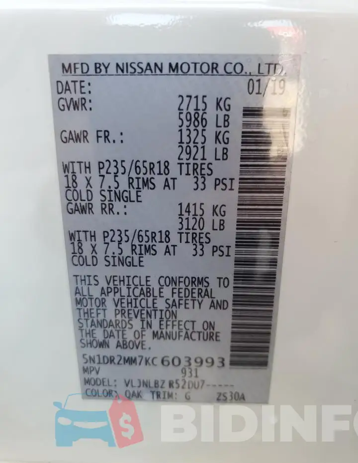 5N1DR2MM7KC603993 Photo# 14