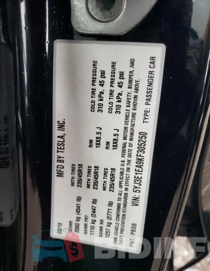 5YJ3E1EA9KF305250 Photo# 12