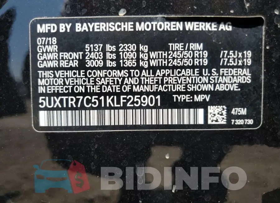 5UXTR7C51KLF25901 Photo# 14