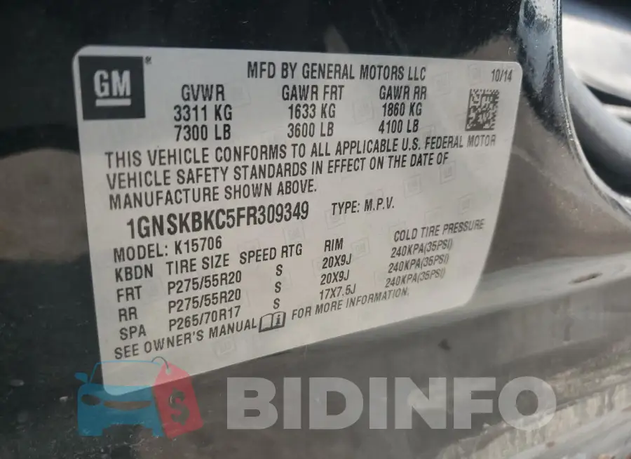 1GNSKBKC5FR309349 Photo# 13