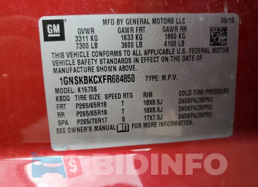 1GNSKBKCXFR684850 Photo# 13