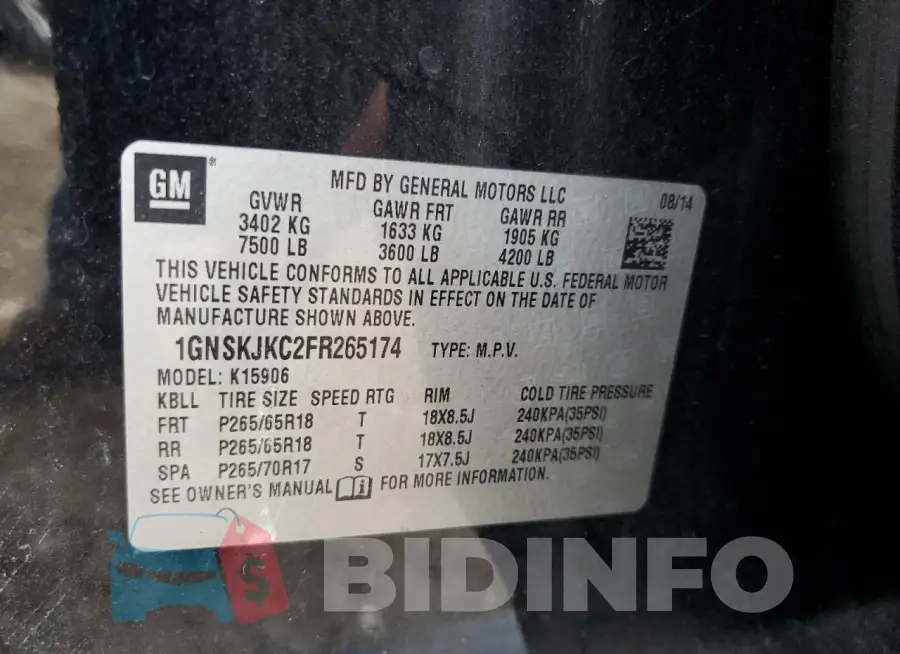 1GNSKJKC2FR265174 Photo# 13
