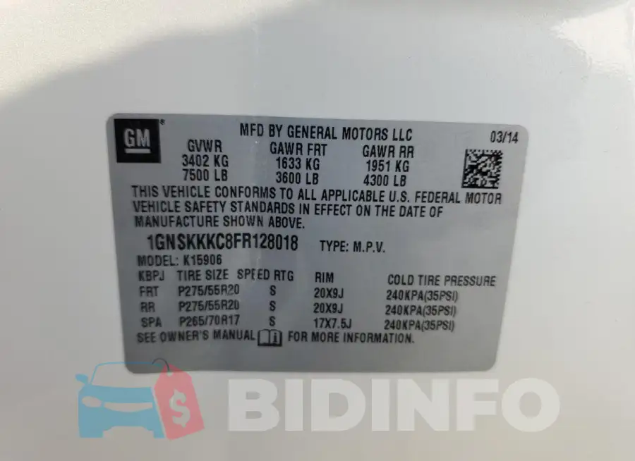 1GNSKKKC8FR128018 Photo# 13