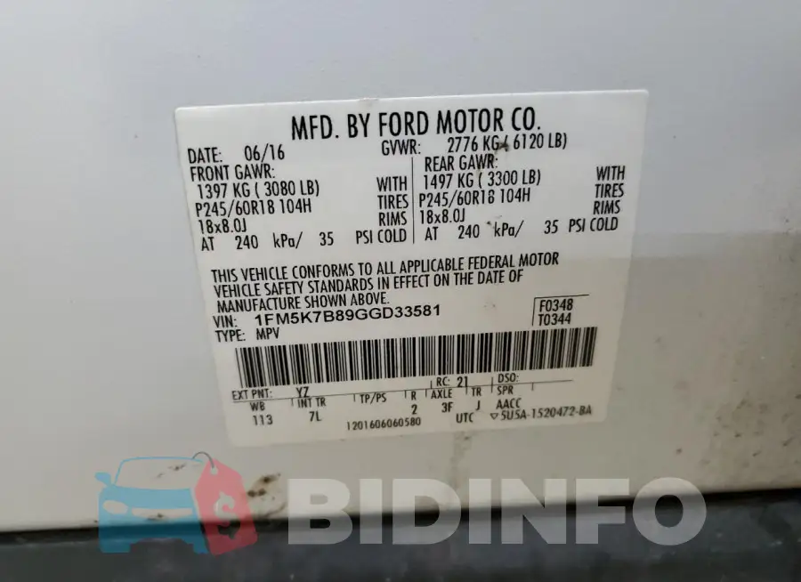 1FM5K7B89GGD33581 Photo# 13