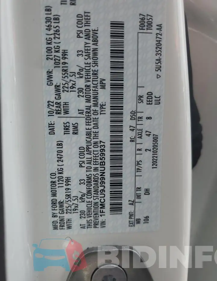 1FMCU9J99NUB59937 Photo# 13