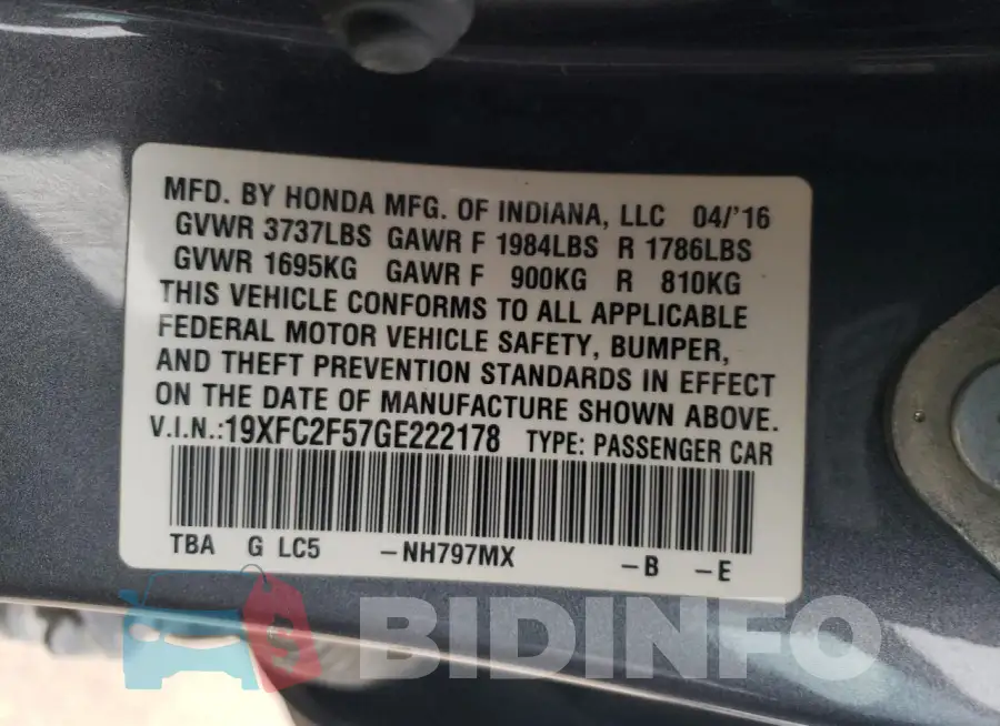 19XFC2F57GE222178 Photo# 12