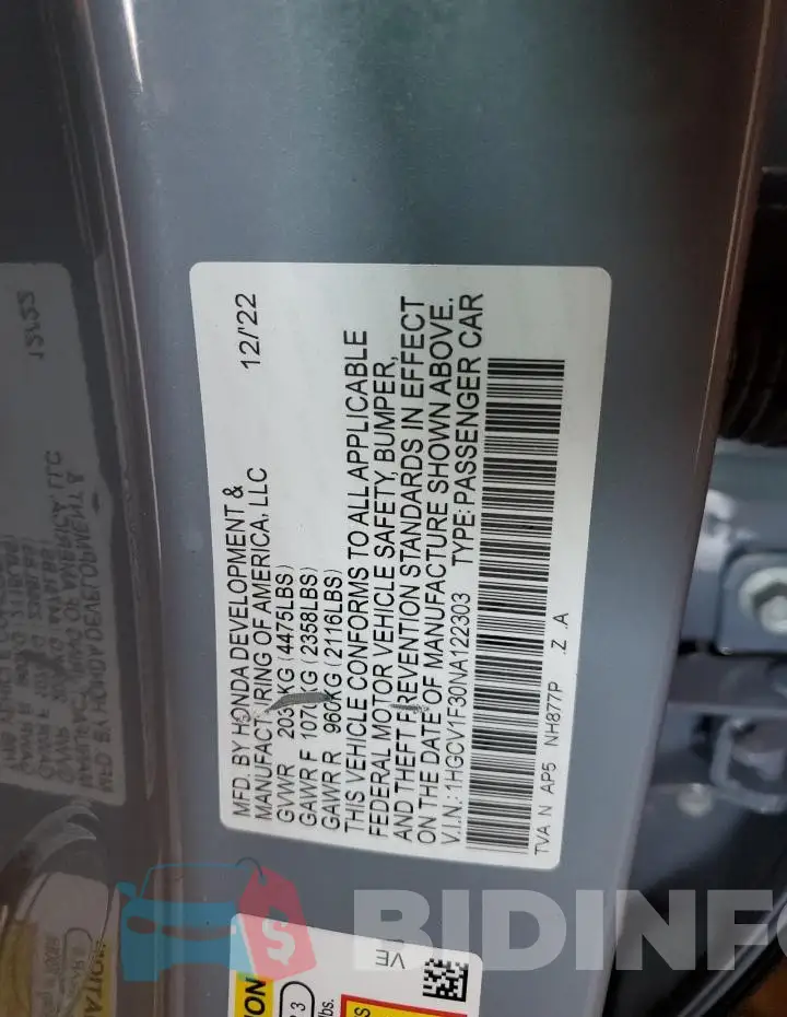 1HGCV1F30NA122303 Photo# 12