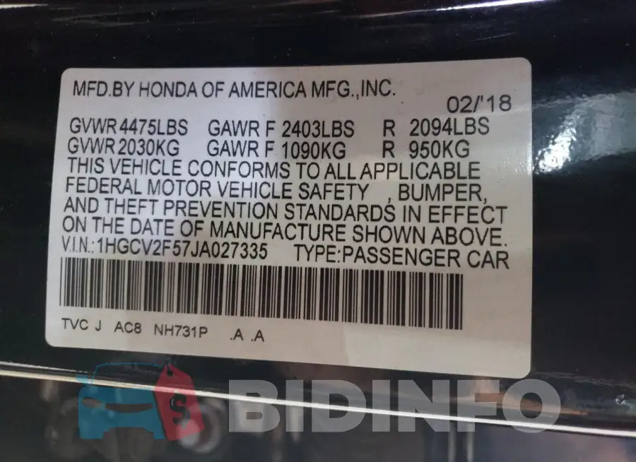 1HGCV2F57JA027335 Photo# 12