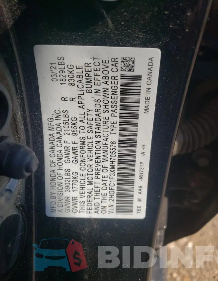 2HGFC1F3XMH705576 Photo# 12