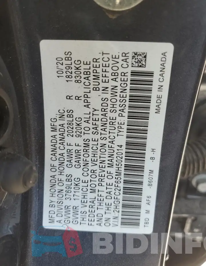 2HGFC2F65MH502014 Photo# 12