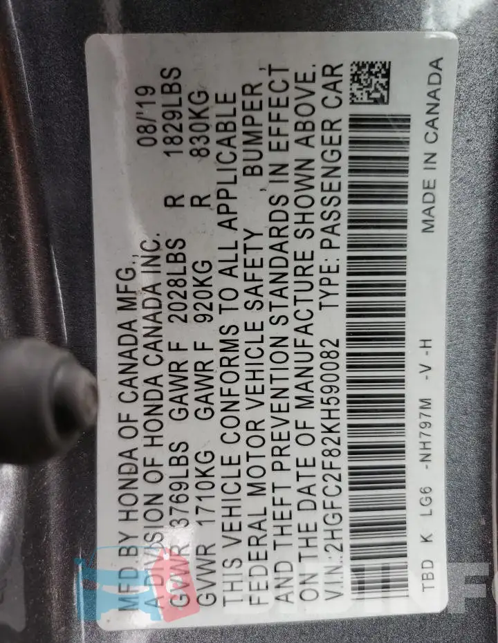 2HGFC2F82KH590082 Photo# 13