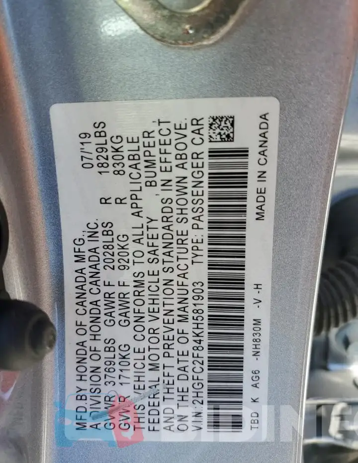 2HGFC2F84KH581903 Photo# 13