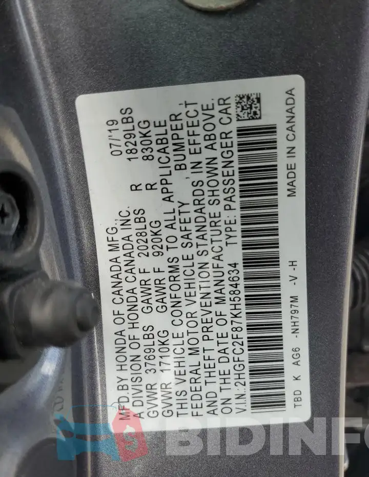 2HGFC2F87KH584634 Photo# 12