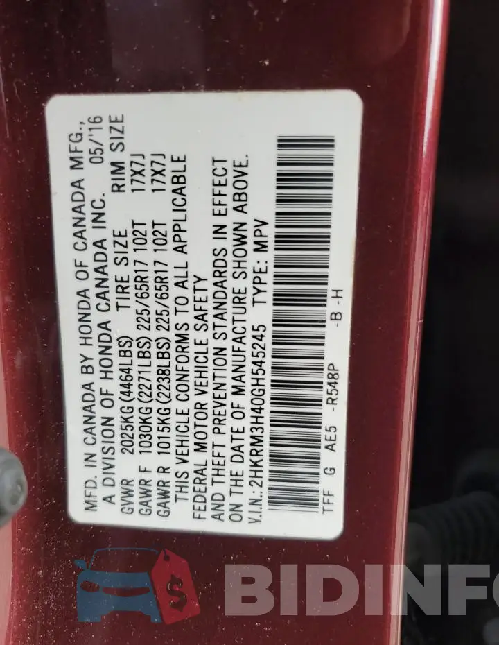 2HKRM3H40GH545245 Photo# 14