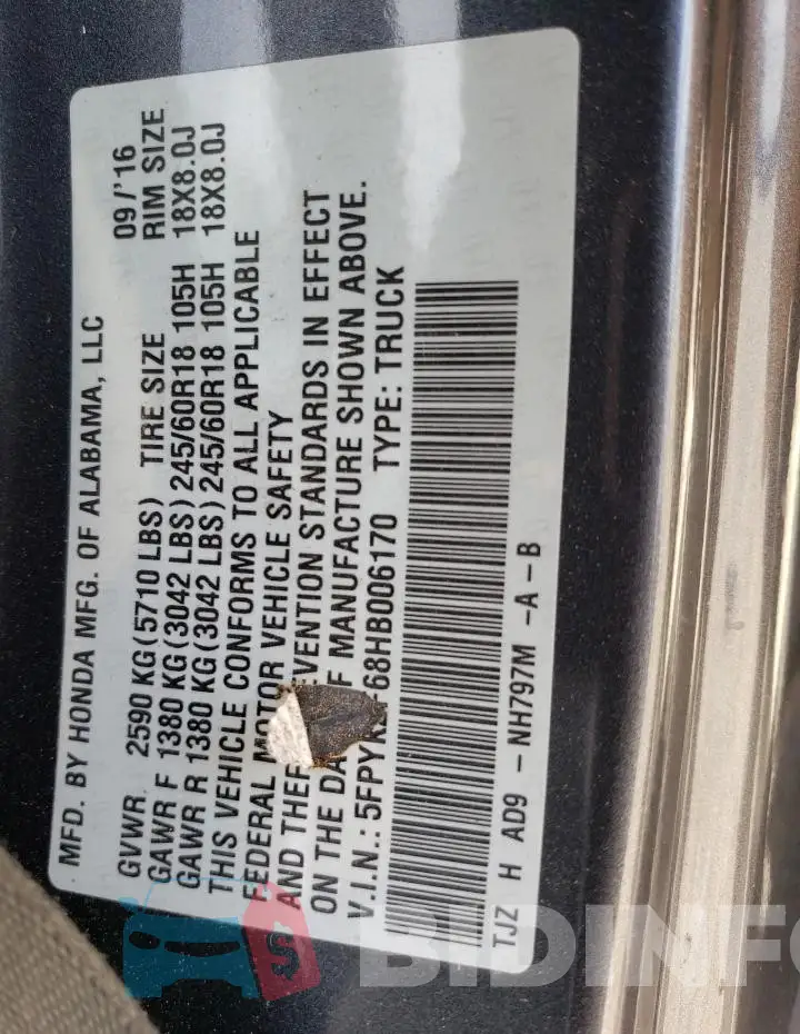 5FPYK2F68HB006170 Photo# 12
