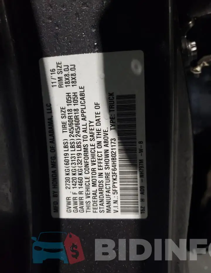 5FPYK3F64HB021173 Photo# 12