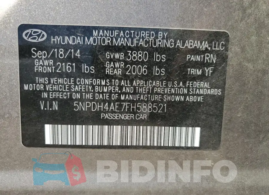 5NPDH4AE7FH588521 Photo# 13