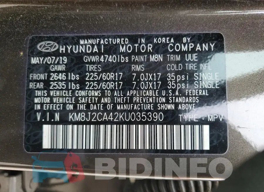 KM8J2CA42KU035390 Photo# 12