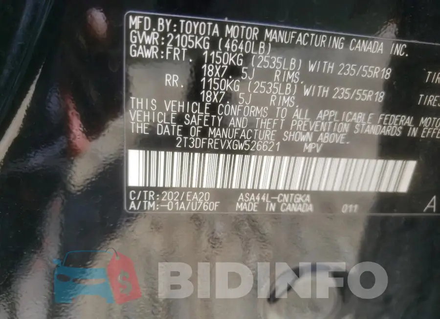 2T3DFREVXGW526621 Photo# 12