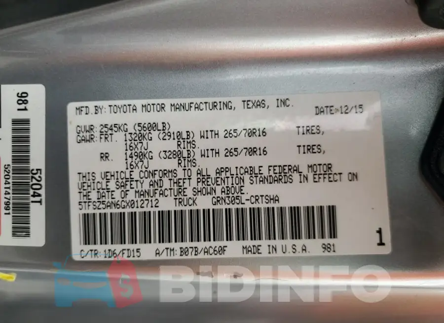 5TFSZ5AN6GX012712 Photo# 12