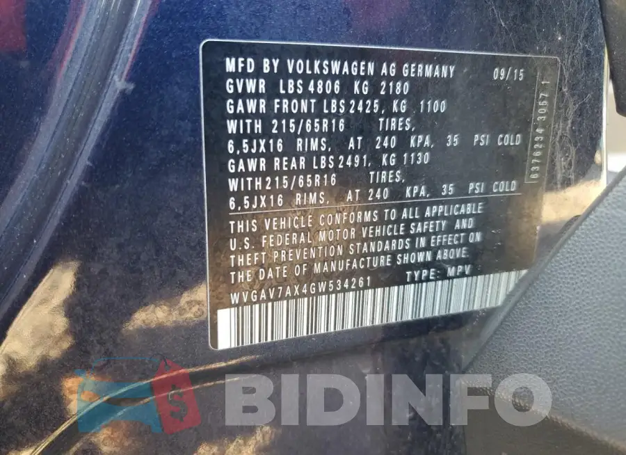 WVGAV7AX4GW534261 Photo# 13