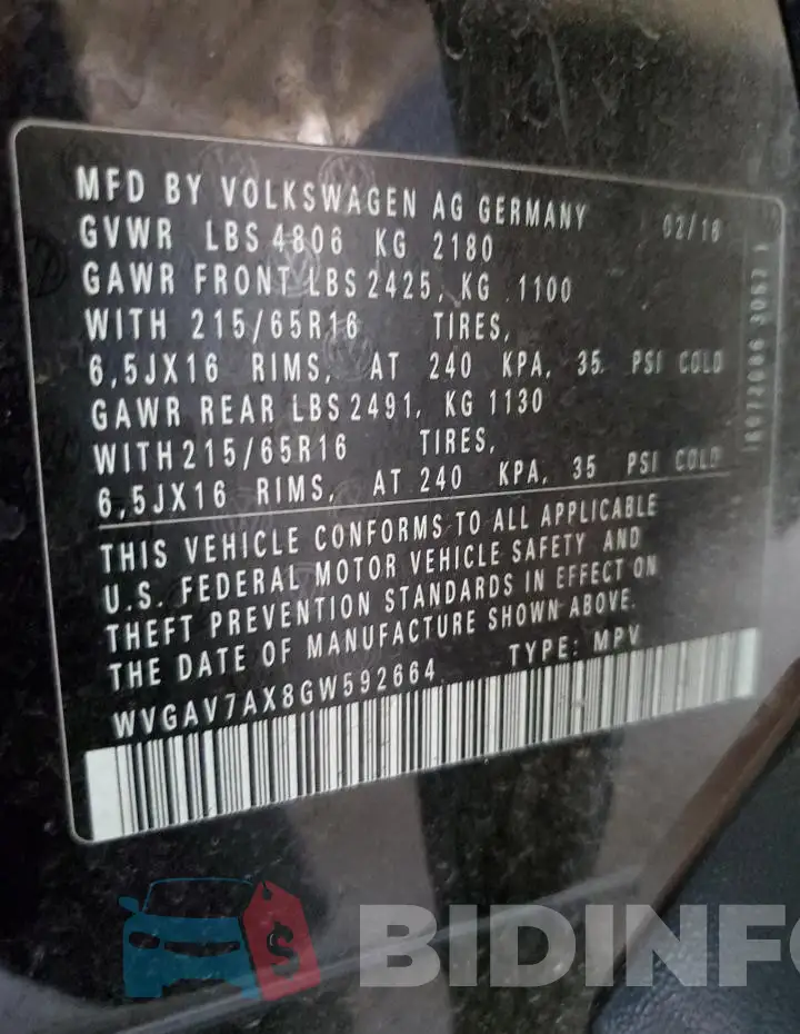 WVGAV7AX8GW592664 Photo# 12