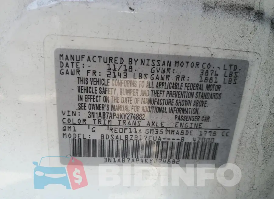 3N1AB7AP4KY274882 Photo# 13