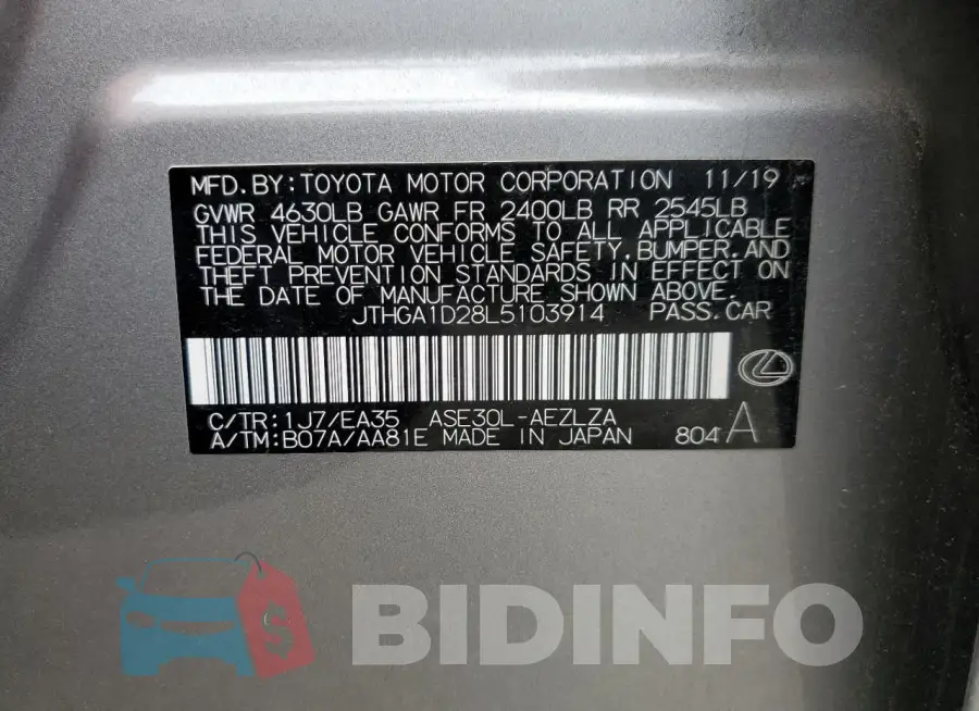 JTHGA1D28L5103914 Photo# 12