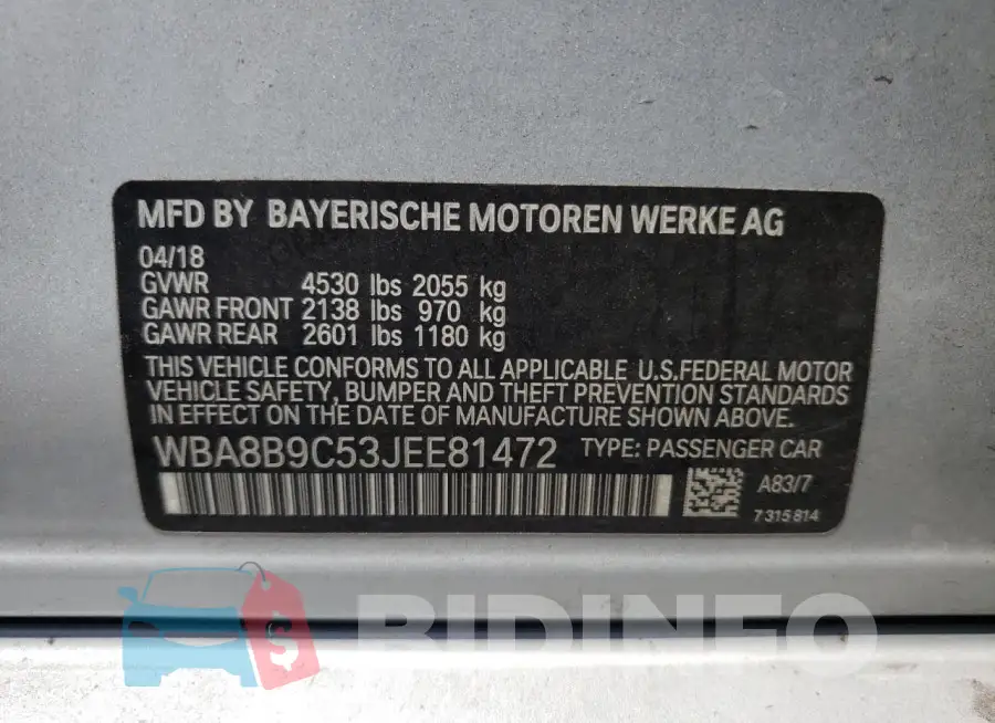 WBA8B9C53JEE81472 Photo# 12