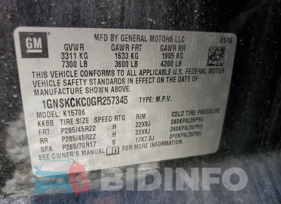 1GNSKCKC0GR257345 Photo# 13