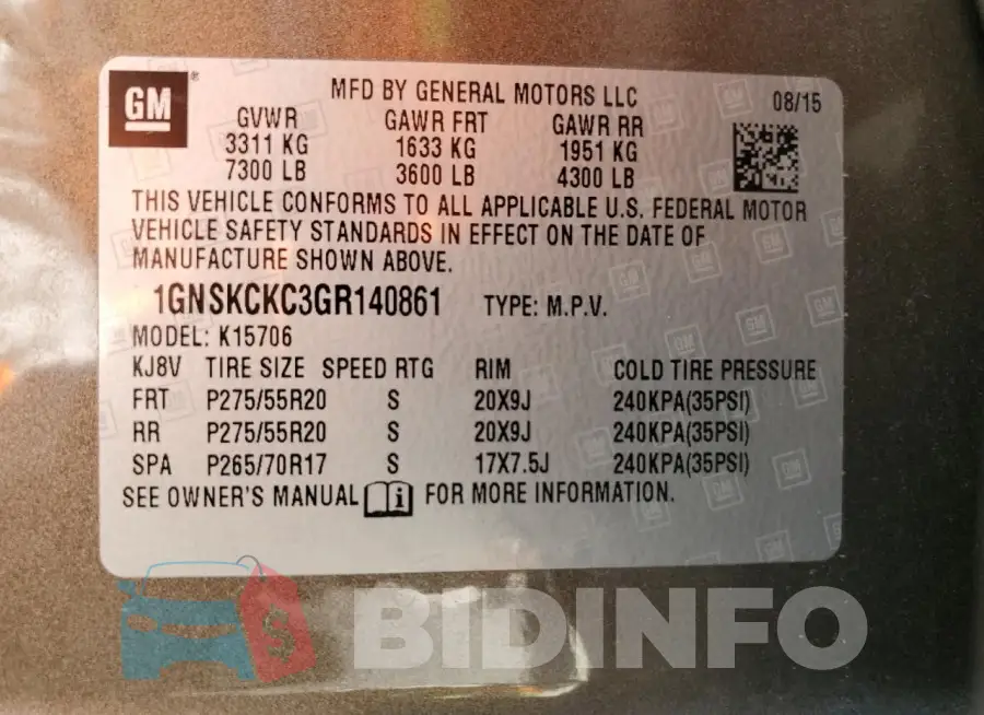 1GNSKCKC3GR140861 Photo# 14