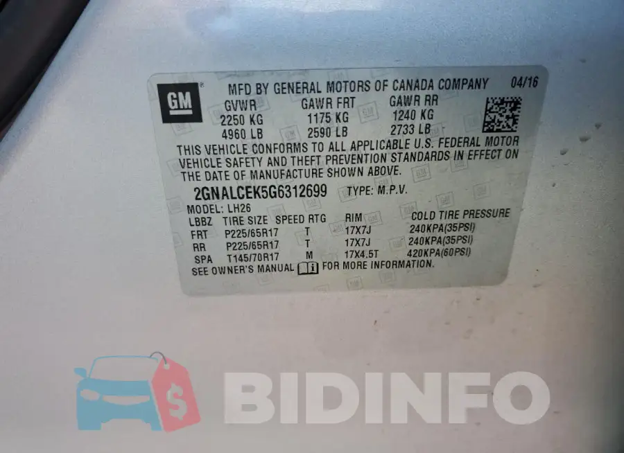 2GNALCEK5G6312699 Photo# 13