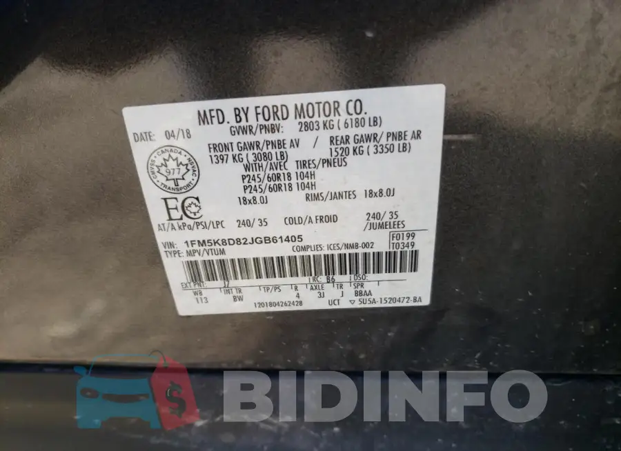 1FM5K8D82JGB61405 Photo# 13