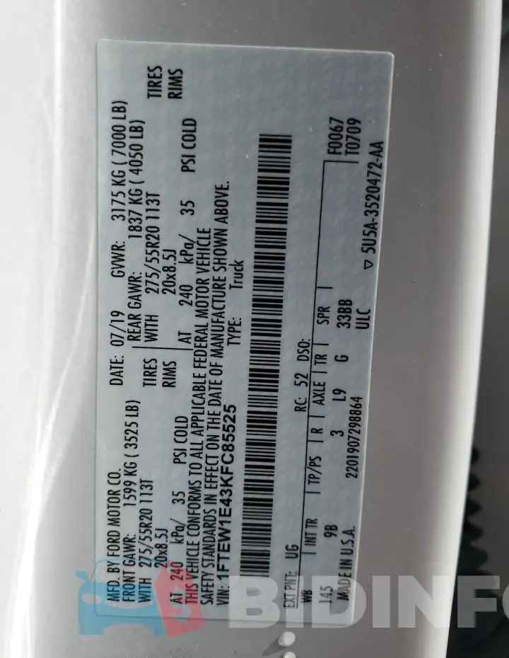 1FTEW1E43KFC85525 Photo# 13