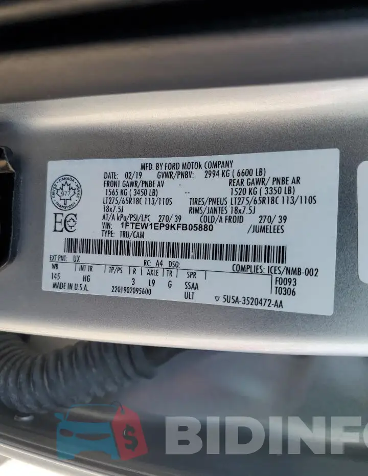 1FTEW1EP9KFB05880 Photo# 12